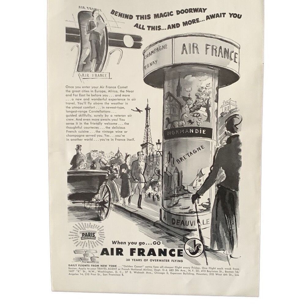 Vintage 1949 Air France Behind This Magic Doorway Ad Advertisment